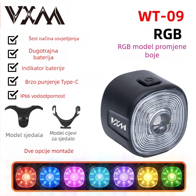 Zadnje svjetlo za bicikl s inteligentnim senzorom i upozoravajućim kočenjem, USB punjenje, 250 mAh baterija, 6 načina, VXM