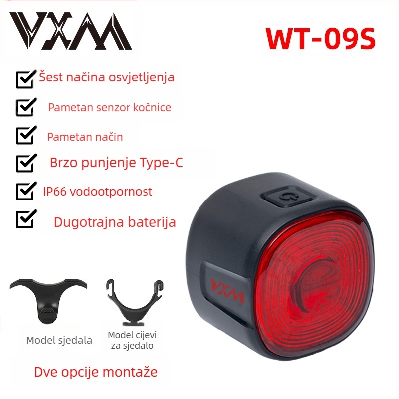 Zadnje svjetlo za bicikl s inteligentnim senzorom i upozoravajućim kočenjem, USB punjenje, 250 mAh baterija, 6 načina, VXM