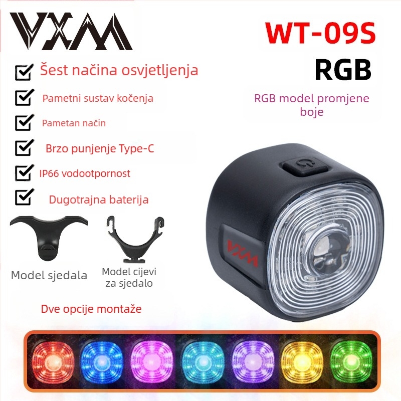 Zadnje svjetlo za bicikl s inteligentnim senzorom i upozoravajućim kočenjem, USB punjenje, 250 mAh baterija, 6 načina, VXM