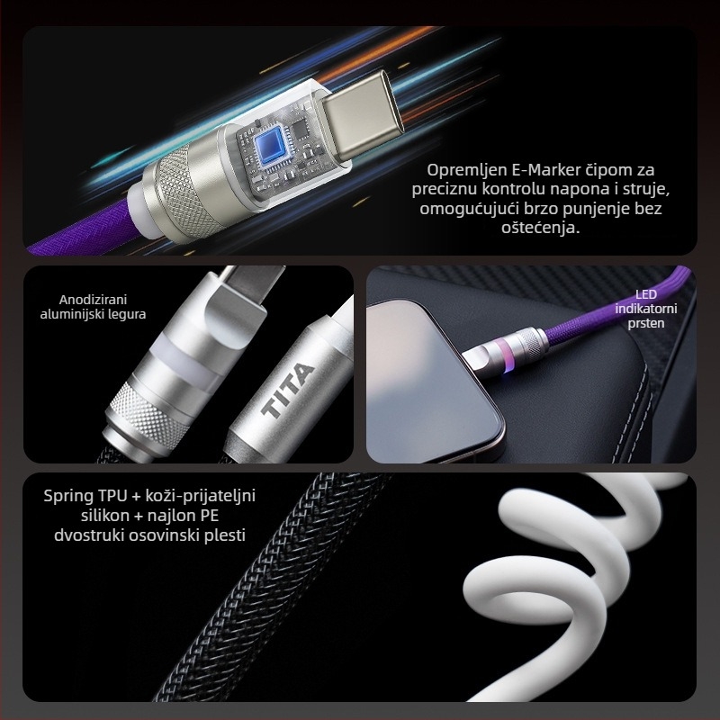 TITA USB-C kabel za auto, povlačni, pleteni, 60W PD