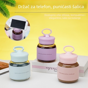 Čaša od stakla sodalima s poklopcem i nosačem za telefon, okrugla, jednodjelna, nepropusna i otporna na visoke temperature, moguć tisak logotipa
