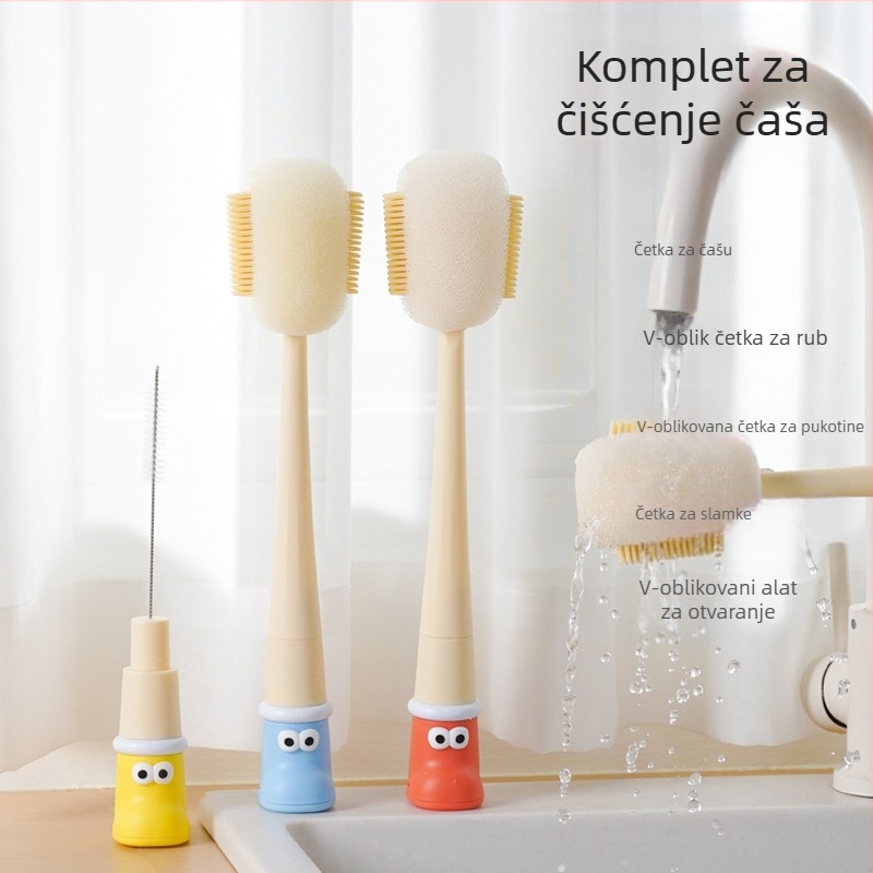 Dugačka četka za čišćenje čaša za bočice, šalice i slamke; 3-u-1 četka za prostore i spužva