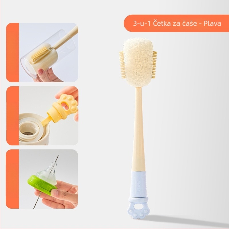 Dugačka četka za čišćenje čaša za bočice, šalice i slamke; 3-u-1 četka za prostore i spužva
