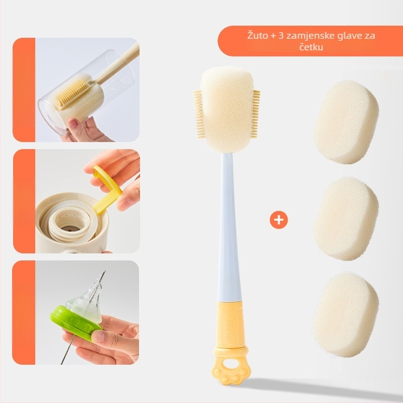 Dugačka četka za čišćenje čaša za bočice, šalice i slamke; 3-u-1 četka za prostore i spužva