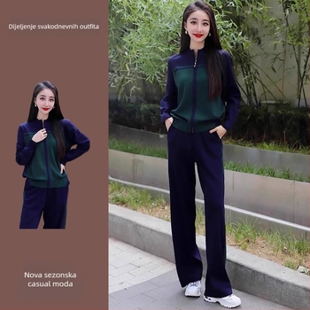 Ženski dvodijelni sportsko-casual set za jesen 2025, japansko-korejski minimalistički stil, dugi rukavi, poliester 80–90%, bez peglanja