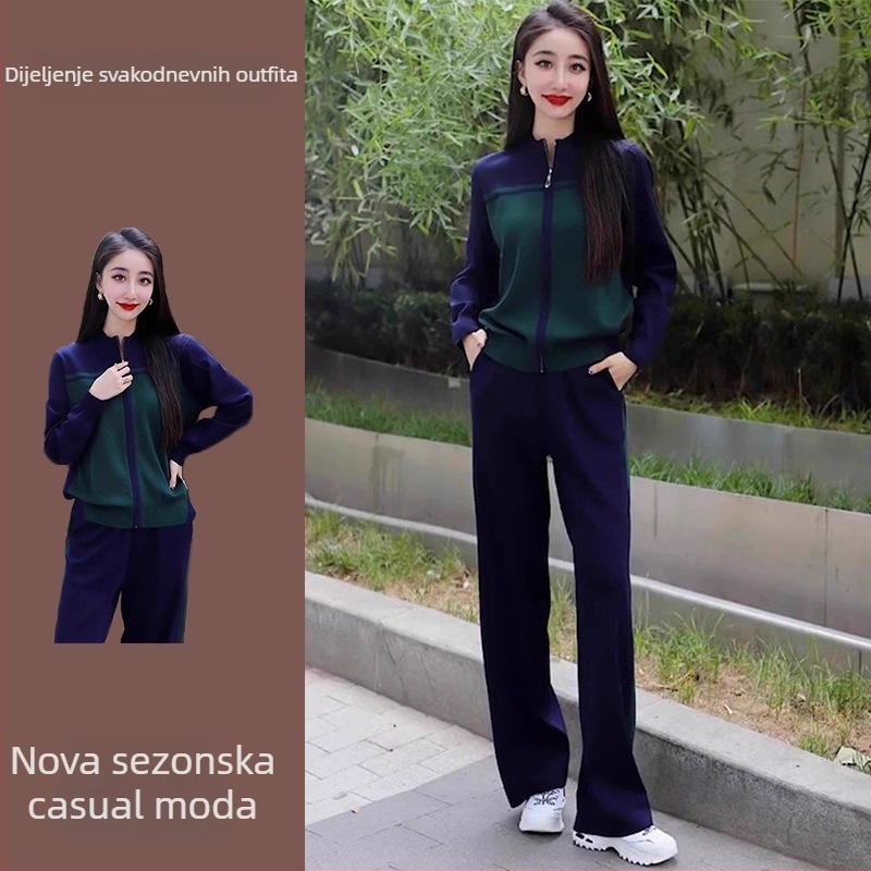 Ženski dvodijelni sportsko-casual set za jesen 2025, japansko-korejski minimalistički stil, dugi rukavi, poliester 80–90%, bez peglanja