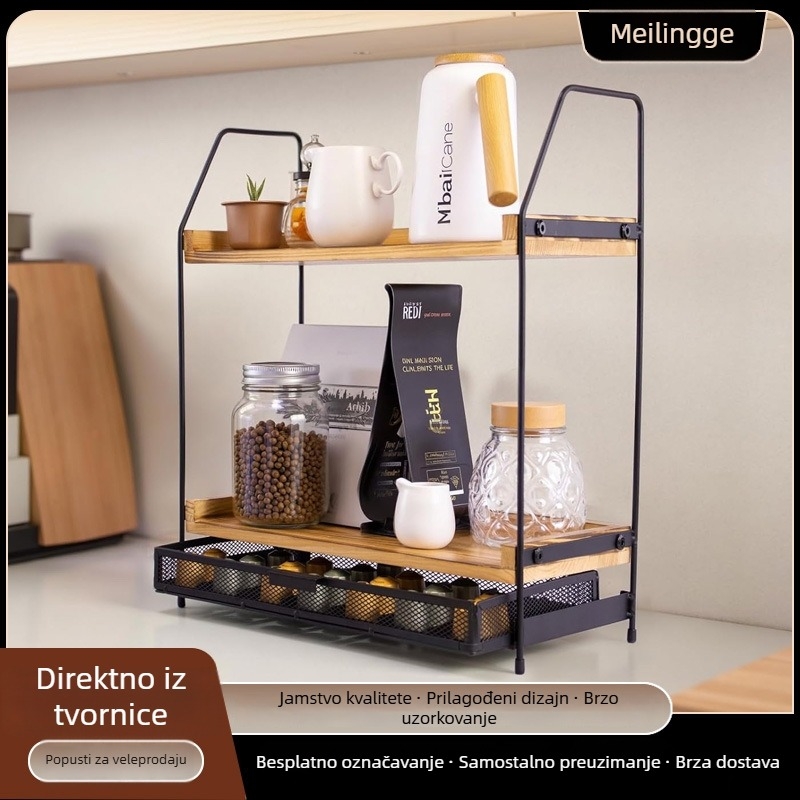 Dvoslojni stolni organizator s kombinacijom metala i drveta, višefunkcionalan, pokretan, moderan minimalistički dizajn