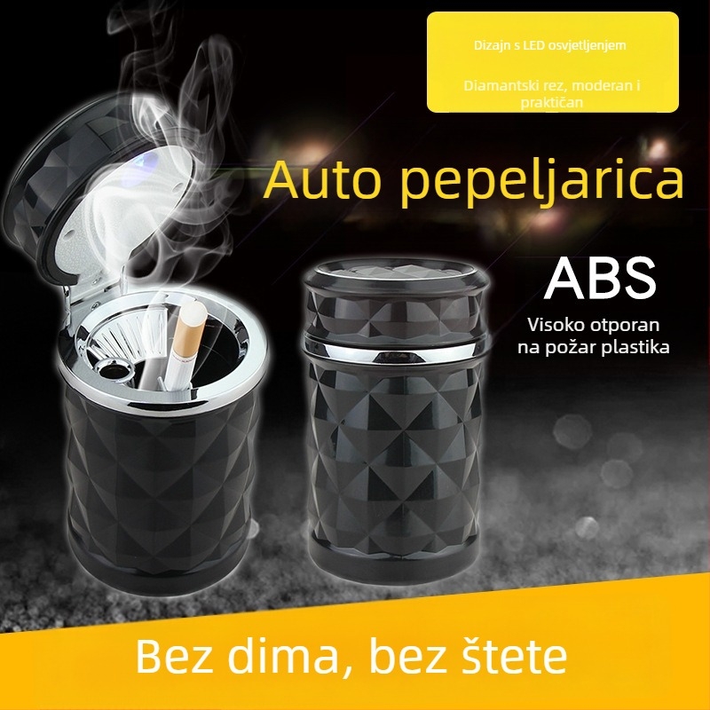 Auto pepelnjak s dijamantnim fasetnim dizajnom, LED svjetlom, preklopnim poklopom, učvršćivanje na ventilacijskom otvoru s nosačem