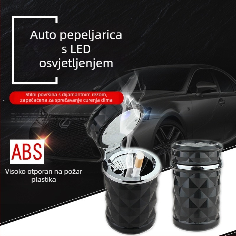 Auto pepelnjak s dijamantnim fasetnim dizajnom, LED svjetlom, preklopnim poklopom, učvršćivanje na ventilacijskom otvoru s nosačem