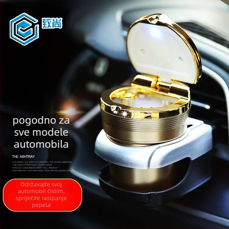 Viseći auto pepeljara s poklopcem, LED rasvjetom, od plastike i imitacije metala, višefunkcionalni unutarnji dodatak