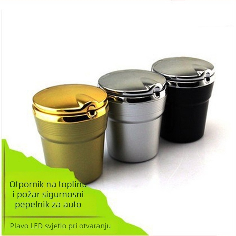 Viseći auto pepeljara s poklopcem, LED rasvjetom, od plastike i imitacije metala, višefunkcionalni unutarnji dodatak