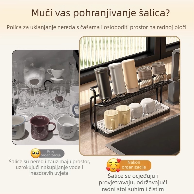 Dvostruki držač čaša od željeza – podna etažna polica, moderni minimalistički dizajn, za kuhinju i stolnu površinu