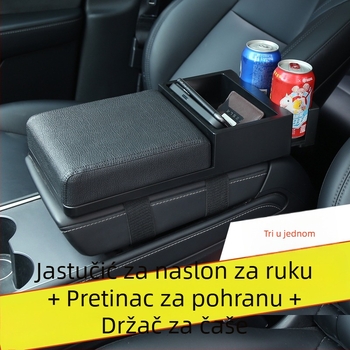 Organizator pretinca za naslon za ruku u automobilu s držačem za maramice i povlačnim držačem za čaše, plastika, model 3519, univerzalna kompatibilnost