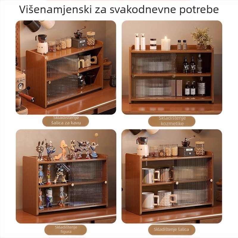 Držač čaša – stolni trostruki policu za šalice kave, čaja i vode; bambus, akril i kompozitna ploča; ugradnja vijcima; višeslojno skladištenje.