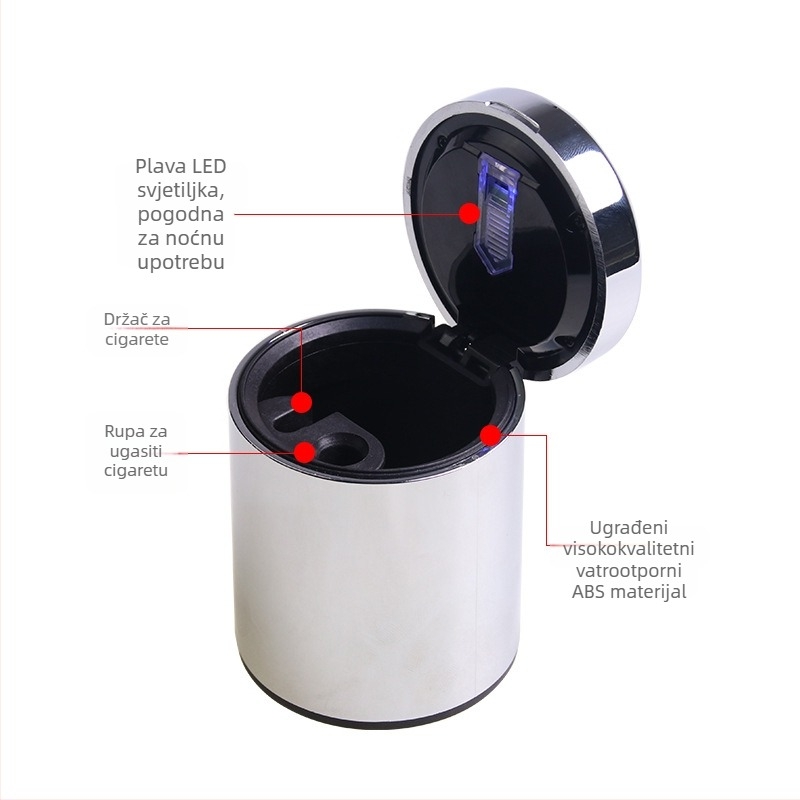 Auto pepelnjak - personaliziran, višenamjenski, s poklopcem i svjetlom; materijal: ABS otporan na toplinu; model SD-1204; težina 150 g; namijenjen za uporabu u vozilu