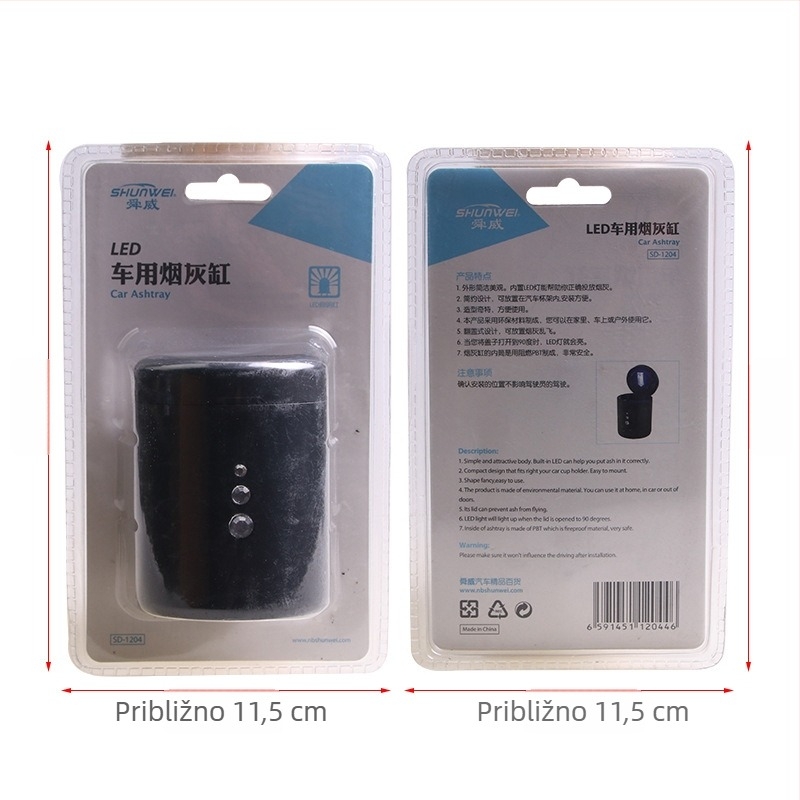 Auto pepelnjak - personaliziran, višenamjenski, s poklopcem i svjetlom; materijal: ABS otporan na toplinu; model SD-1204; težina 150 g; namijenjen za uporabu u vozilu