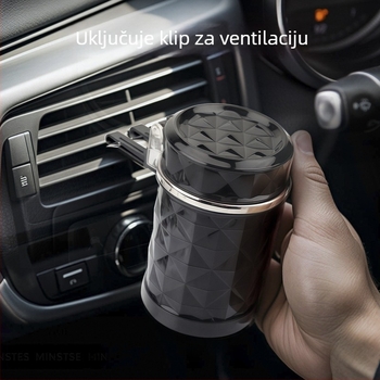 Automobilski pepejlara s LED svjetlom, visi na otvoru ventilacije, s poklopcem — Model HT012, plastika, 108 g