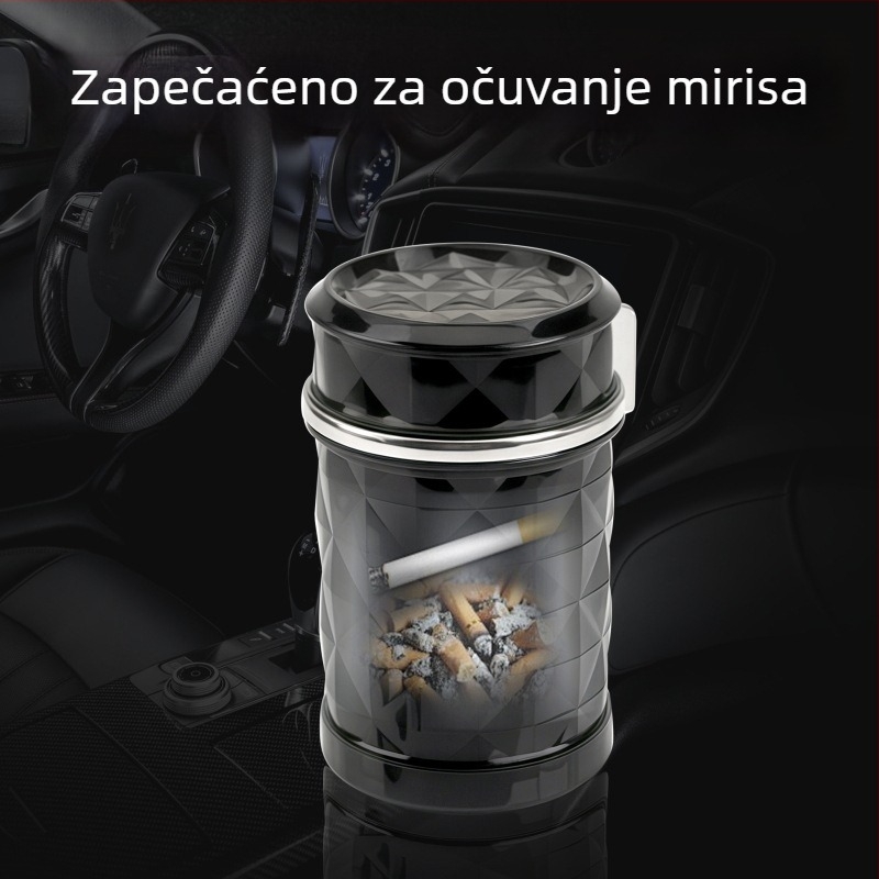 Automobilski pepejlara s LED svjetlom, visi na otvoru ventilacije, s poklopcem — Model HT012, plastika, 108 g