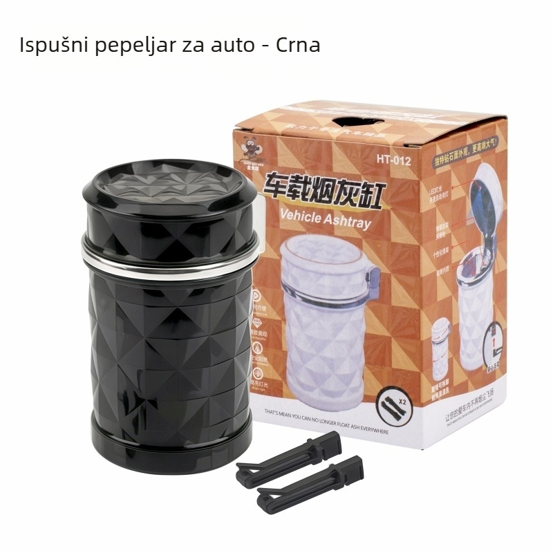 Automobilski pepejlara s LED svjetlom, visi na otvoru ventilacije, s poklopcem — Model HT012, plastika, 108 g