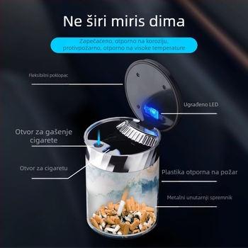FOGSON automobilska pepeljara s poklopcem i LED osvjetljenjem, metalna, prijenosna, višefunkcionalna, skladištenje