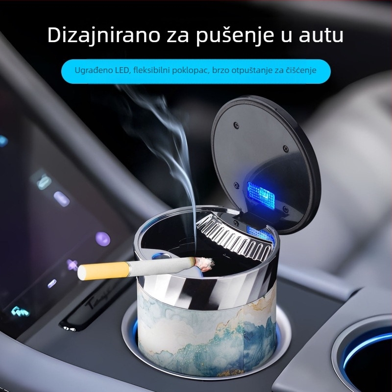 FOGSON automobilska pepeljara s poklopcem i LED osvjetljenjem, metalna, prijenosna, višefunkcionalna, skladištenje