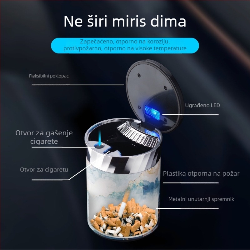 FOGSON automobilska pepeljara s poklopcem i LED osvjetljenjem, metalna, prijenosna, višefunkcionalna, skladištenje
