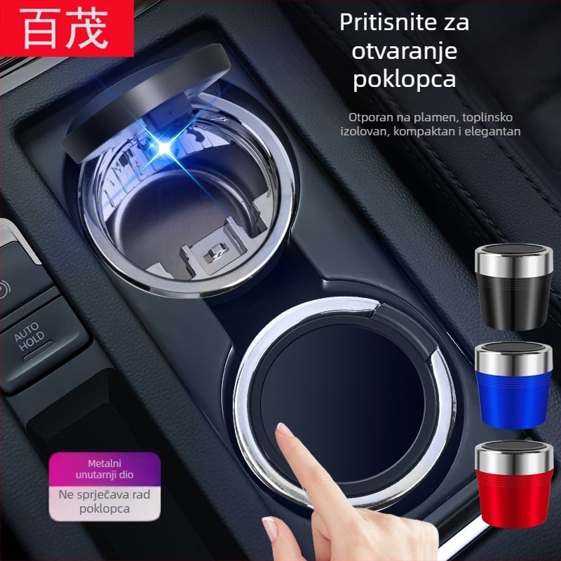 Auto pepeljara s metalnim unutarnjim dijelom, otvaranje jednim gumbom, LED svjetlo, model BY-1543