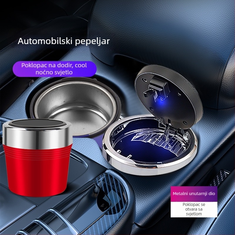 Auto pepeljara s metalnim unutarnjim dijelom, otvaranje jednim gumbom, LED svjetlo, model BY-1543