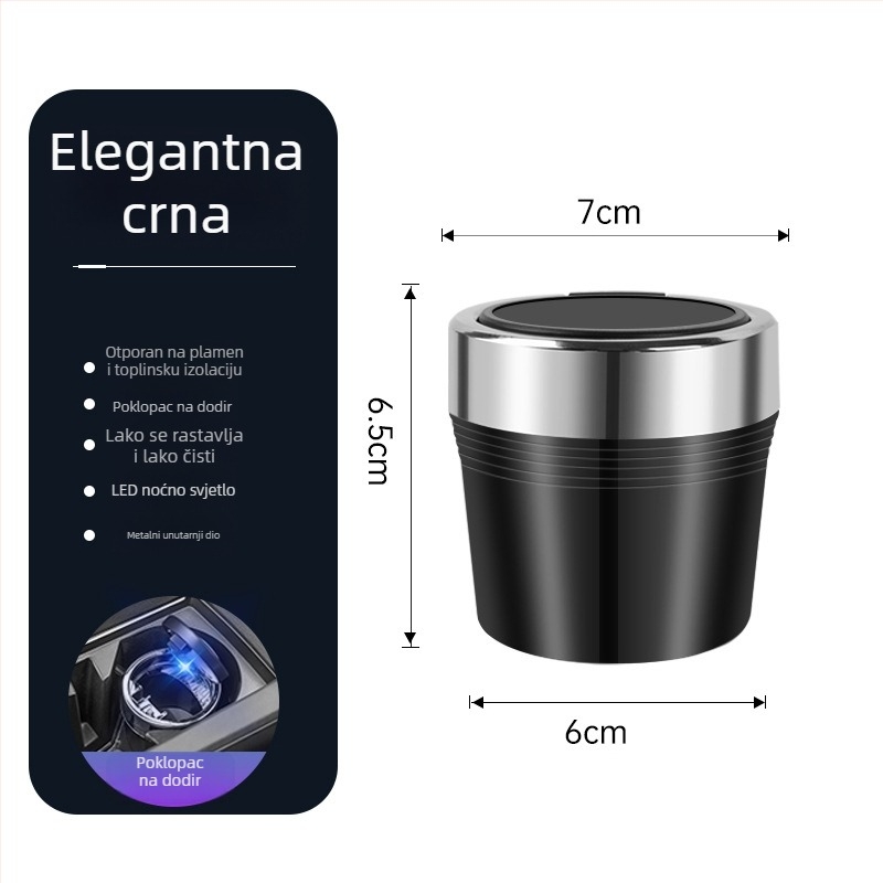Auto pepeljara s metalnim unutarnjim dijelom, otvaranje jednim gumbom, LED svjetlo, model BY-1543