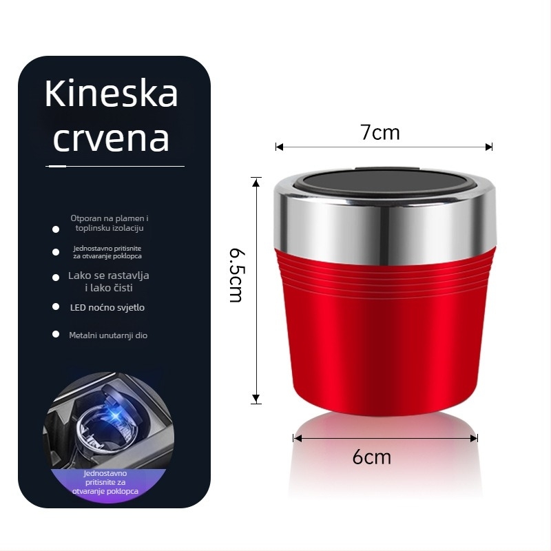 Auto pepeljara s metalnim unutarnjim dijelom, otvaranje jednim gumbom, LED svjetlo, model BY-1543