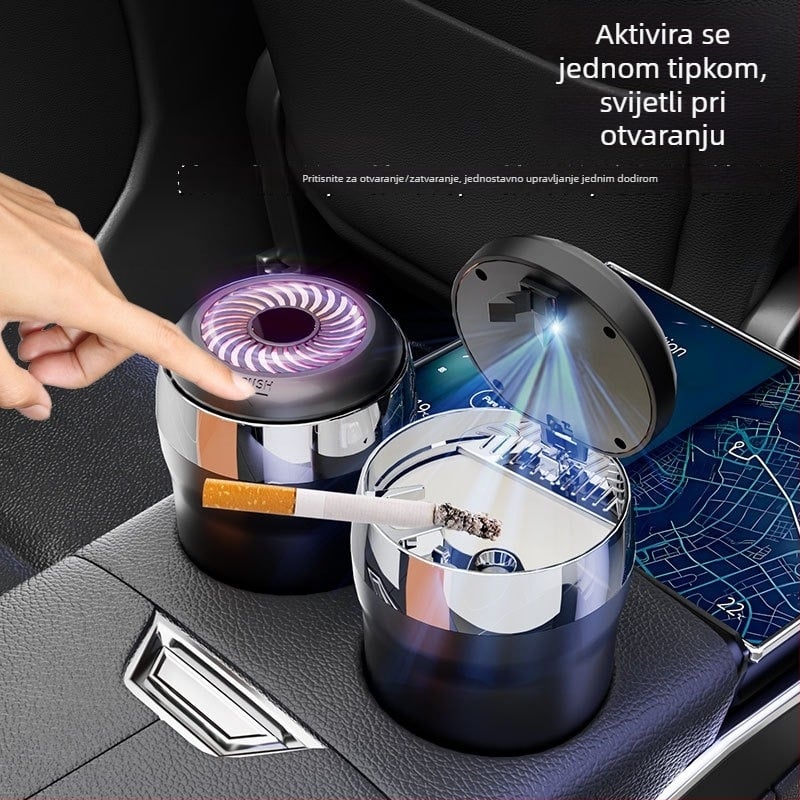 Auto pepeljara s keramičkim umetkom, model Y26, materijal: ABS + keramički umetak, težina 265 g, LED noćno svjetlo, atmosfersko svjetlo