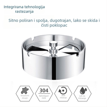 Pepeljara od debelog inoxa s okretanjem poklopca, za kućnu i automobilsku upotrebu; brušenje završne obrade; mogućnost prilagođenja