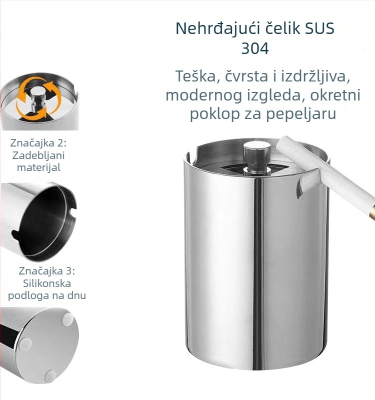 Pepeljara od debelog inoxa s okretanjem poklopca, za kućnu i automobilsku upotrebu; brušenje završne obrade; mogućnost prilagođenja