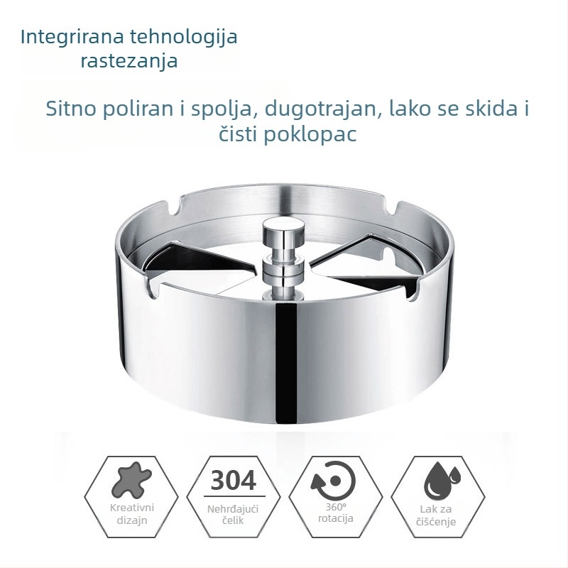 Pepeljara od debelog inoxa s okretanjem poklopca, za kućnu i automobilsku upotrebu; brušenje završne obrade; mogućnost prilagođenja