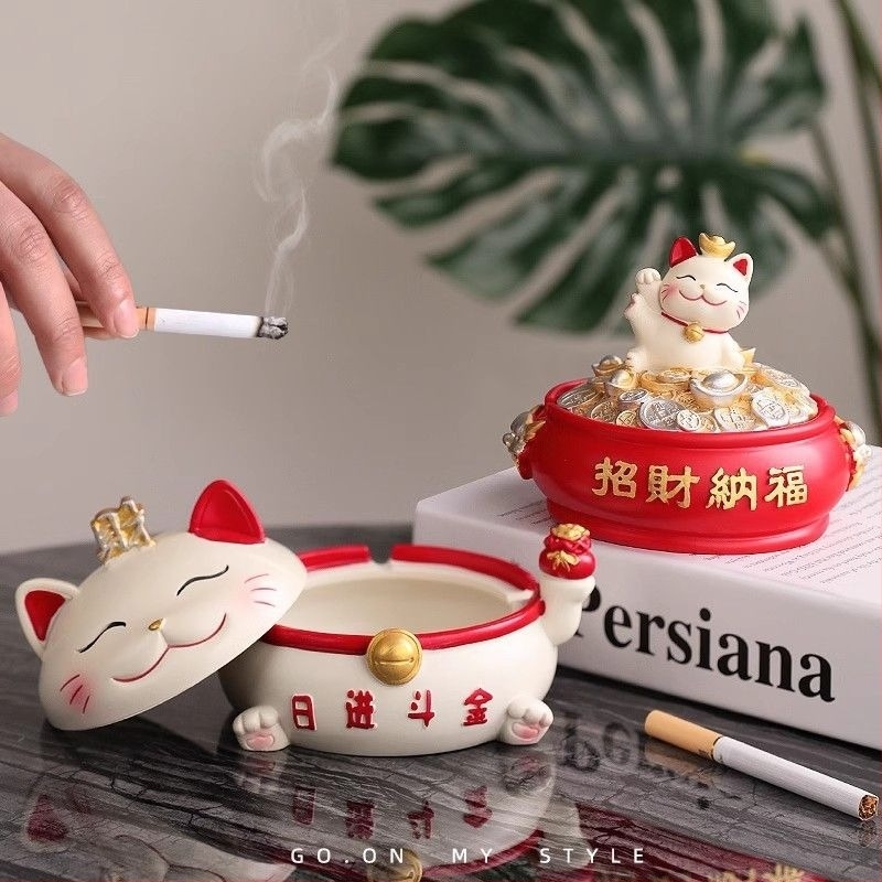 Pepeljara od smole s Maneki-neko s poklopcem, ručno ugravirani dekor za dom i ured, oznaka proizvoda y1120, proizvedeno u Kini, ekskluzivni prekogranični izvoz