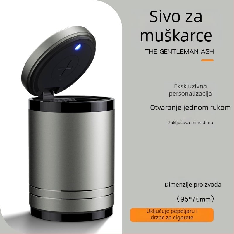 Pametna automobilska pepeljara s poklopcem i osvjetljenjem, metalna, model YHG-1, graviranje, prilagodljivo, za auto i kućnu uporabu
