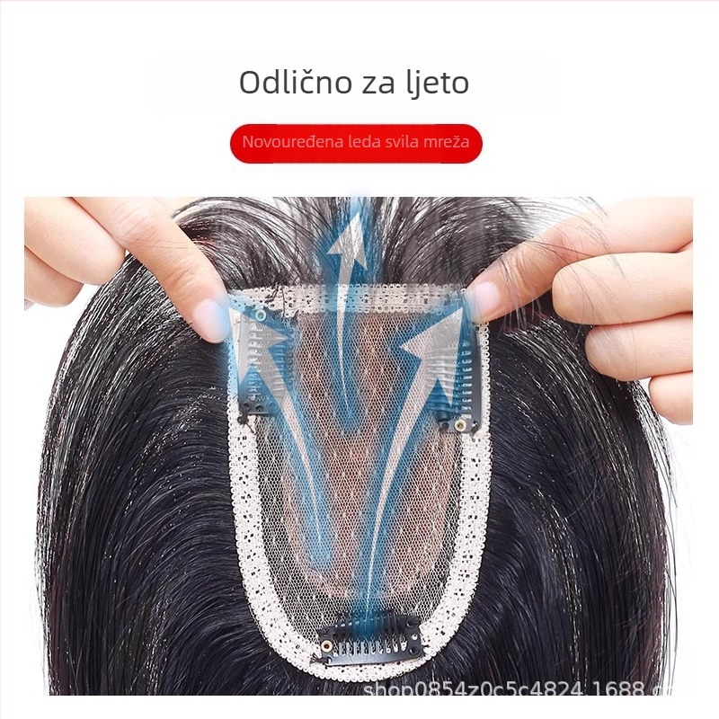 Dio perike za vrh glave, prava kosa, realističan skalp, ravne bangs, Diamond net model, za žene, može se obojati ili uviti