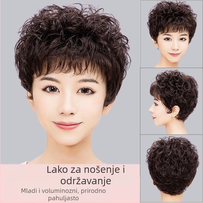 Perika od pravih ljudskih vlasi za žene, potpuno prekrivanje glave, kratka kovrčava kosa, model J03, može se obojiti