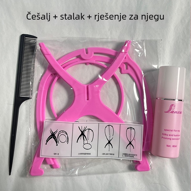 Set za njegu perike: stalak za periku, otopina za njegu i češalj (Brand: Long hair and waist)