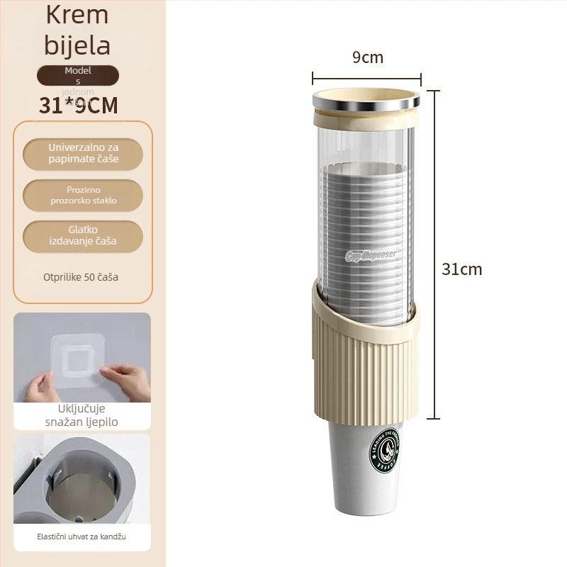 Zidni držač za čaše i dispenser za čaše vode | Plastika, moderan minimalistički stil, montaža kukom, 1 razina, 2024 model