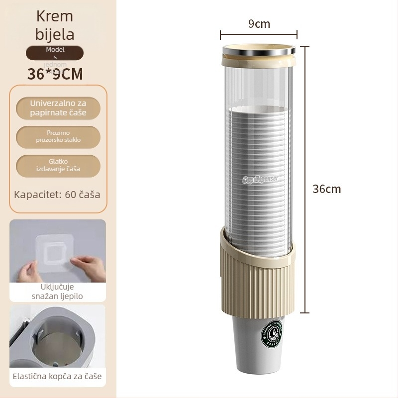 Zidni držač za čaše i dispenser za čaše vode | Plastika, moderan minimalistički stil, montaža kukom, 1 razina, 2024 model