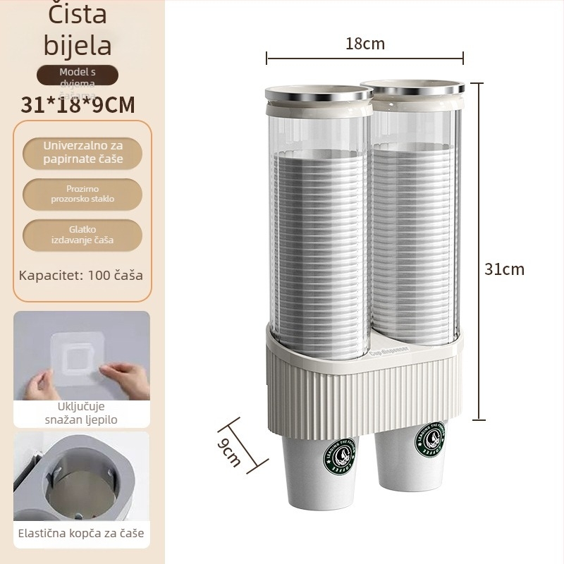 Zidni držač za čaše i dispenser za čaše vode | Plastika, moderan minimalistički stil, montaža kukom, 1 razina, 2024 model