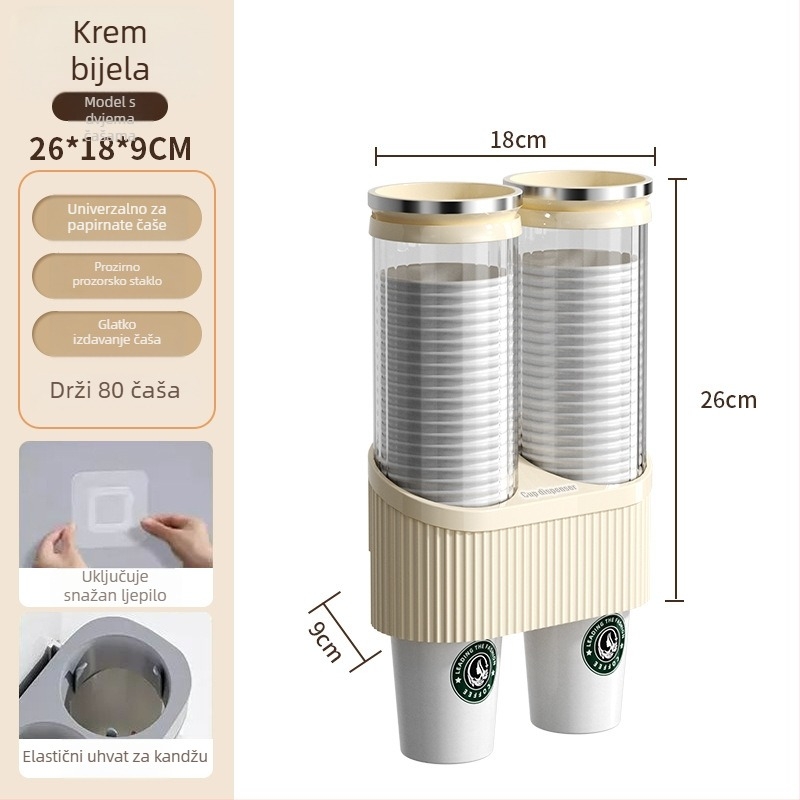 Zidni držač za čaše i dispenser za čaše vode | Plastika, moderan minimalistički stil, montaža kukom, 1 razina, 2024 model