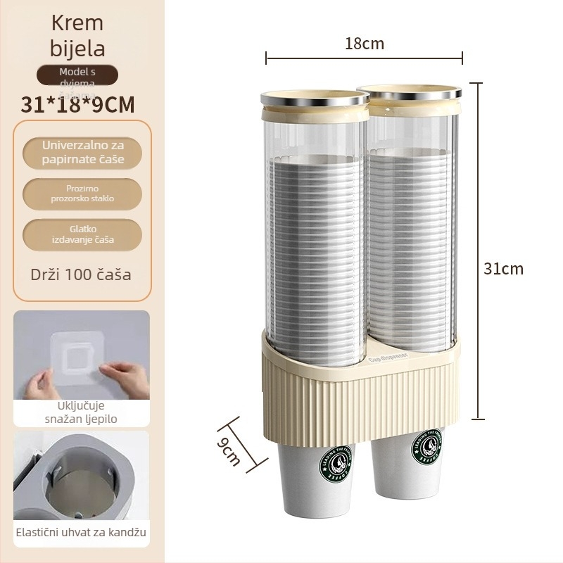 Zidni držač za čaše i dispenser za čaše vode | Plastika, moderan minimalistički stil, montaža kukom, 1 razina, 2024 model