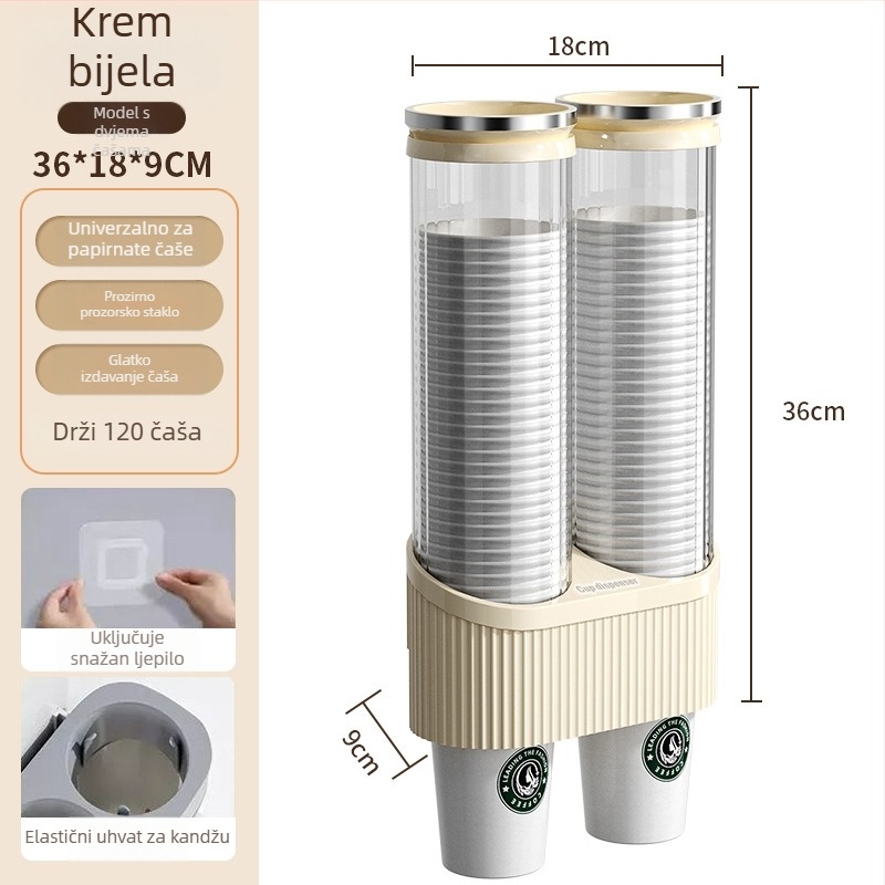 Zidni držač za čaše i dispenser za čaše vode | Plastika, moderan minimalistički stil, montaža kukom, 1 razina, 2024 model