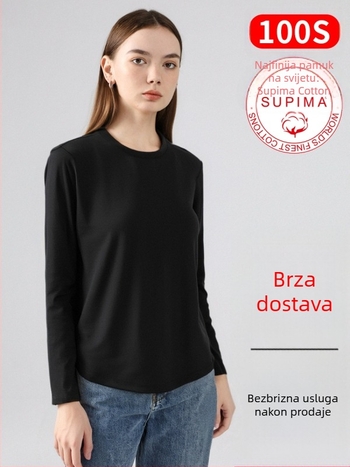 Ženski T‑shirt od 100S Pima pamuka, Merceriziran, dugi rukav, okrugli izrez, bijela, udoban slobodan kroj
