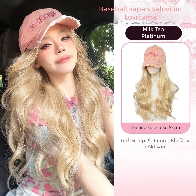 Perika s kapom – dugi kovrčavi vlasovi, korejskog stila, prirodan izgled, neuklonjiva pala perika, materijal otporan na visoke temperature