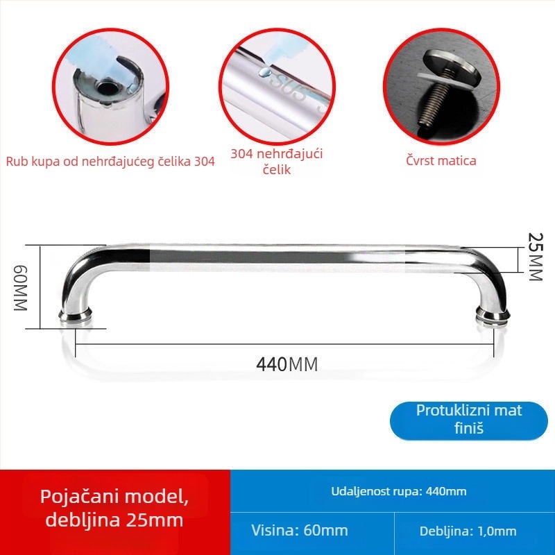Drška za tuš kabinu od 304 nehrđajućeg čelika, razmak rupa 440 mm, fini polirani završetak, moderan minimalistički stil
