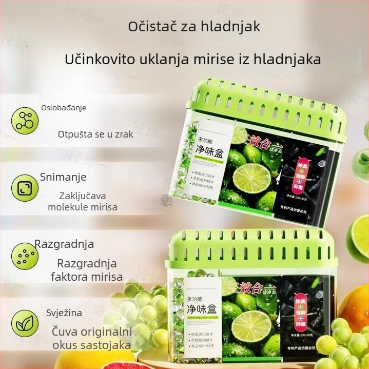 Kutija za dezodoriranje hladnjaka – aktivni ugljik za uklanjanje mirisa, pročišćavanje zraka, višestruka namjena; model Yyx001–y; podrijetlo Kina.