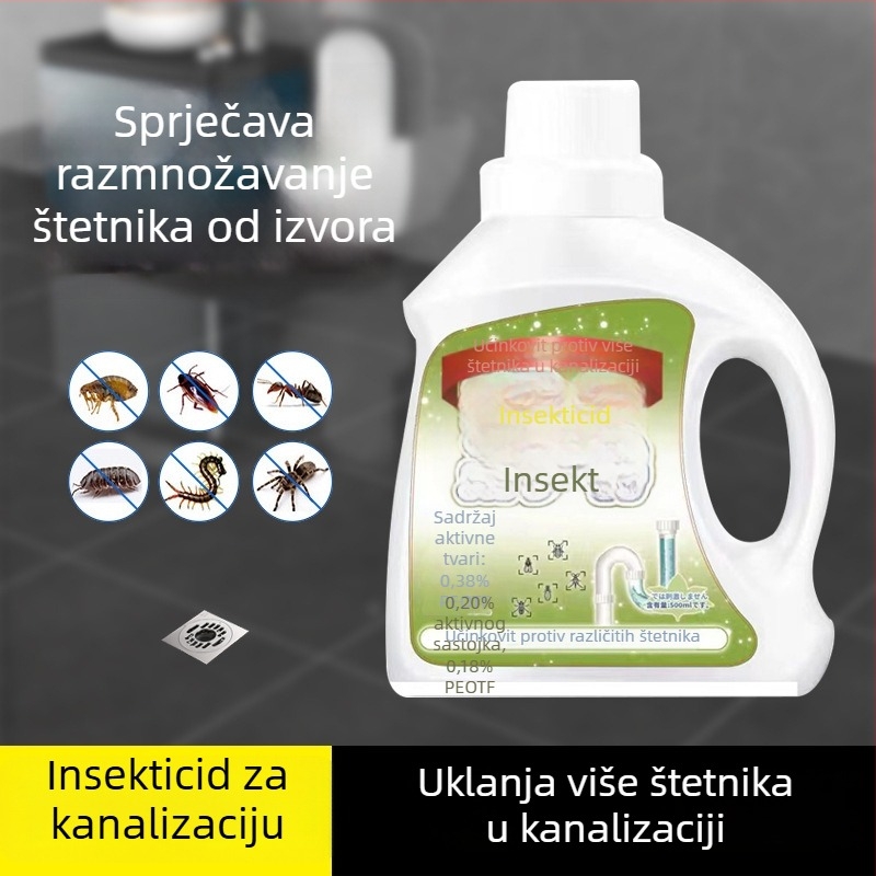Tekući insekticid za kanalizaciju (kupaonica i kuhinja) – tekući oblik; marka Yuhong; cilja leteće kukce, žohove, mnogonoge i komarce